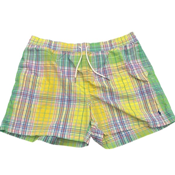 Polo Ralph Lauren Plaid Swim Trunks Shorts Yellow Green Blue Men's L - Picture 1 of 6